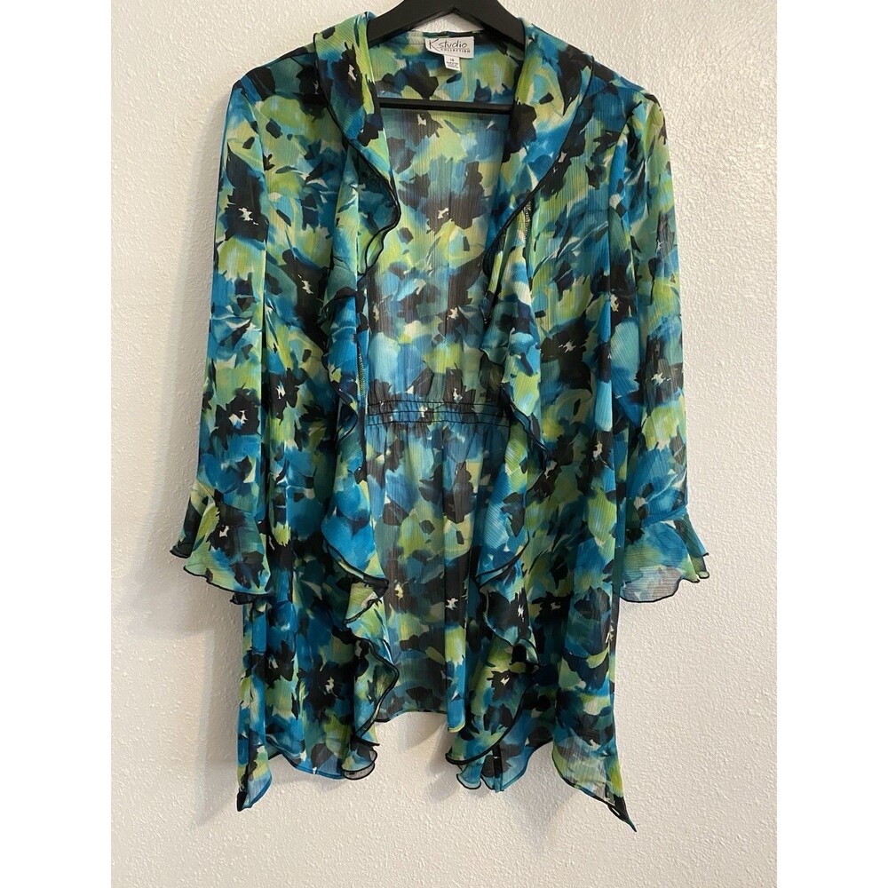 K Studio Women's Sheer Blue, Green Watercolor L (14) Kimono w Ruffle Sleeve F32